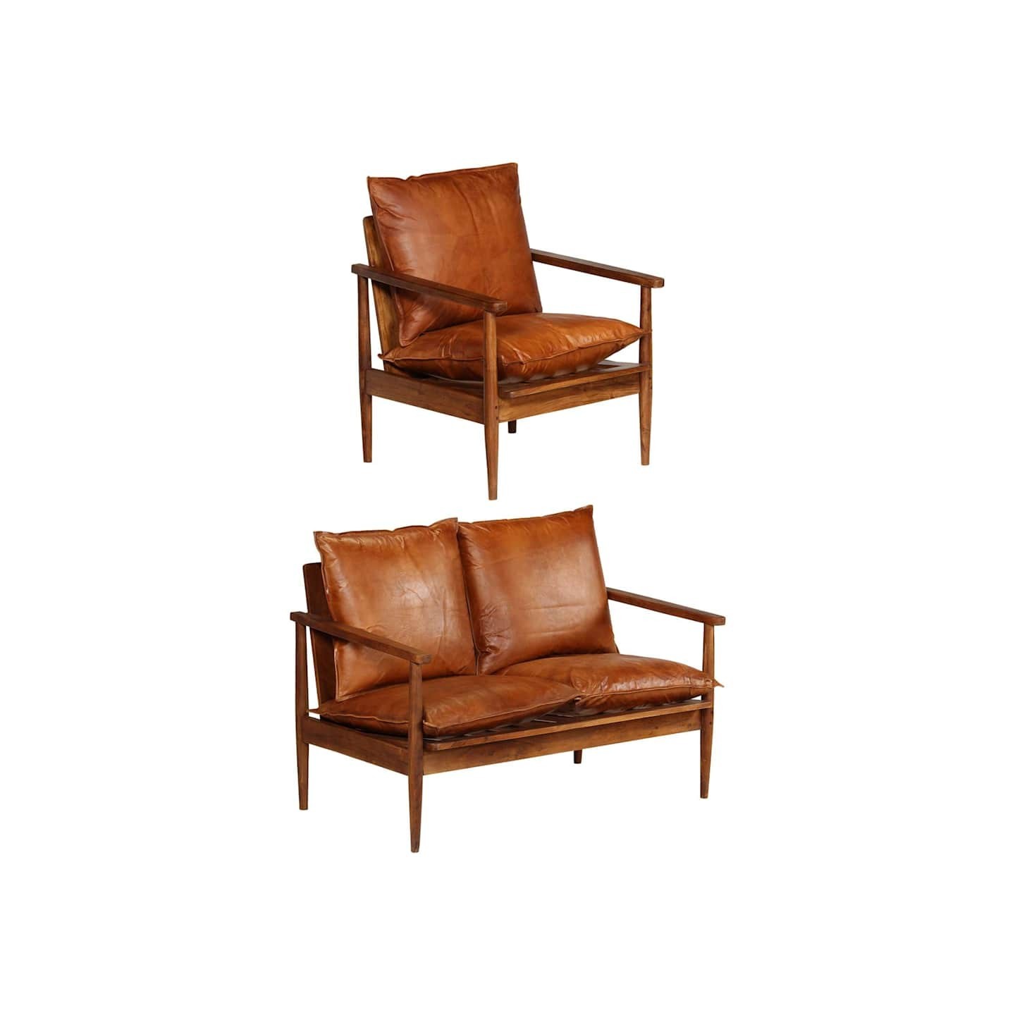 Ensemble de canapés 2 pcs Marron Cuir véritable et acacia