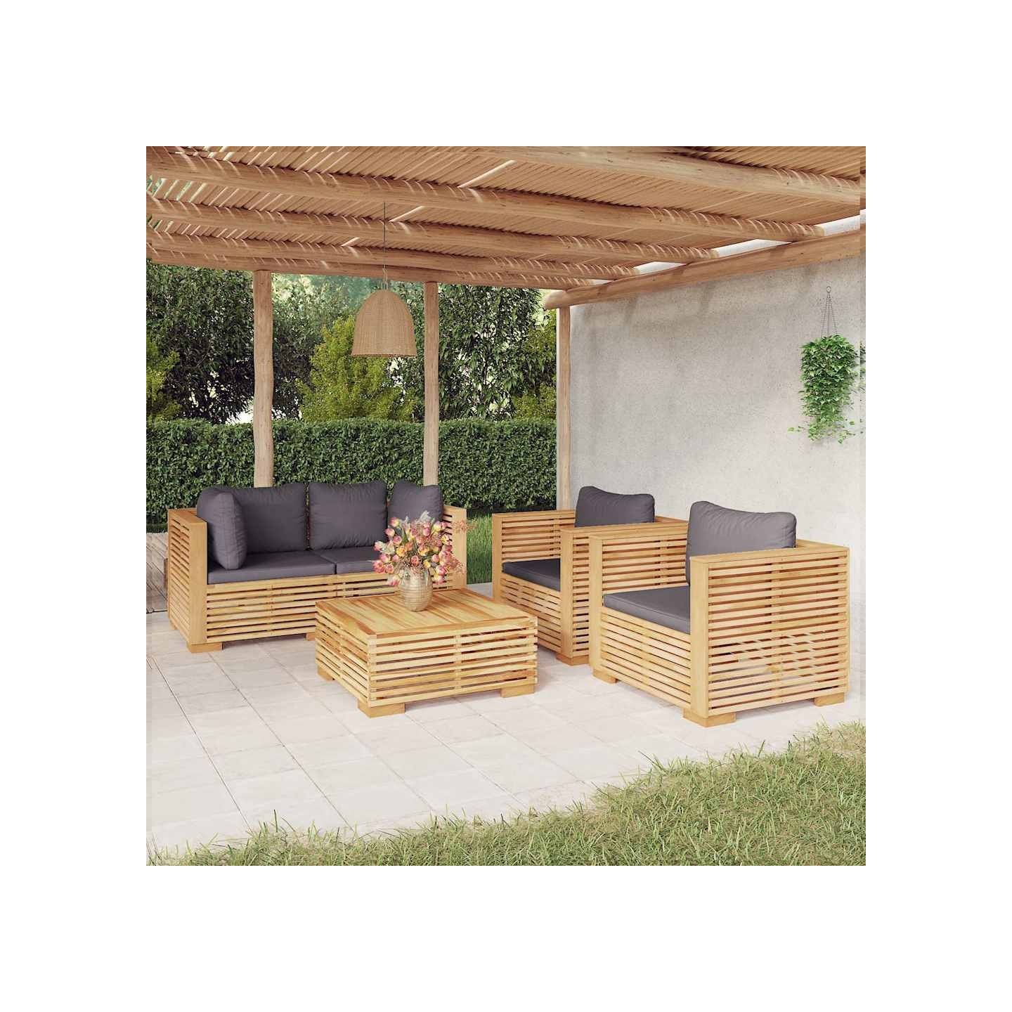 Salon de jardin 5 pcs avec coussins Bois de teck solide