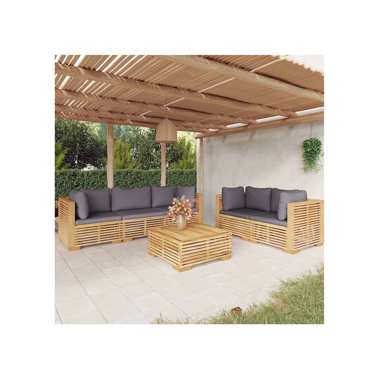 Salon de jardin 6 pcs avec coussins Bois de teck solide