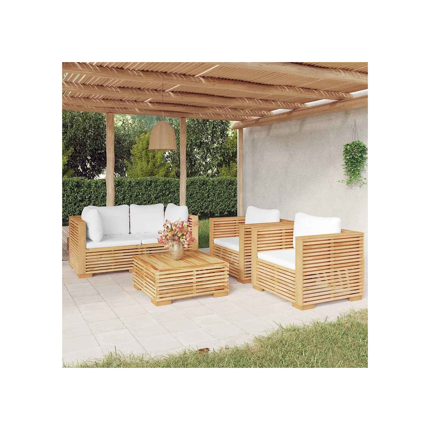 Salon de jardin 5 pcs avec coussins Bois de teck solide