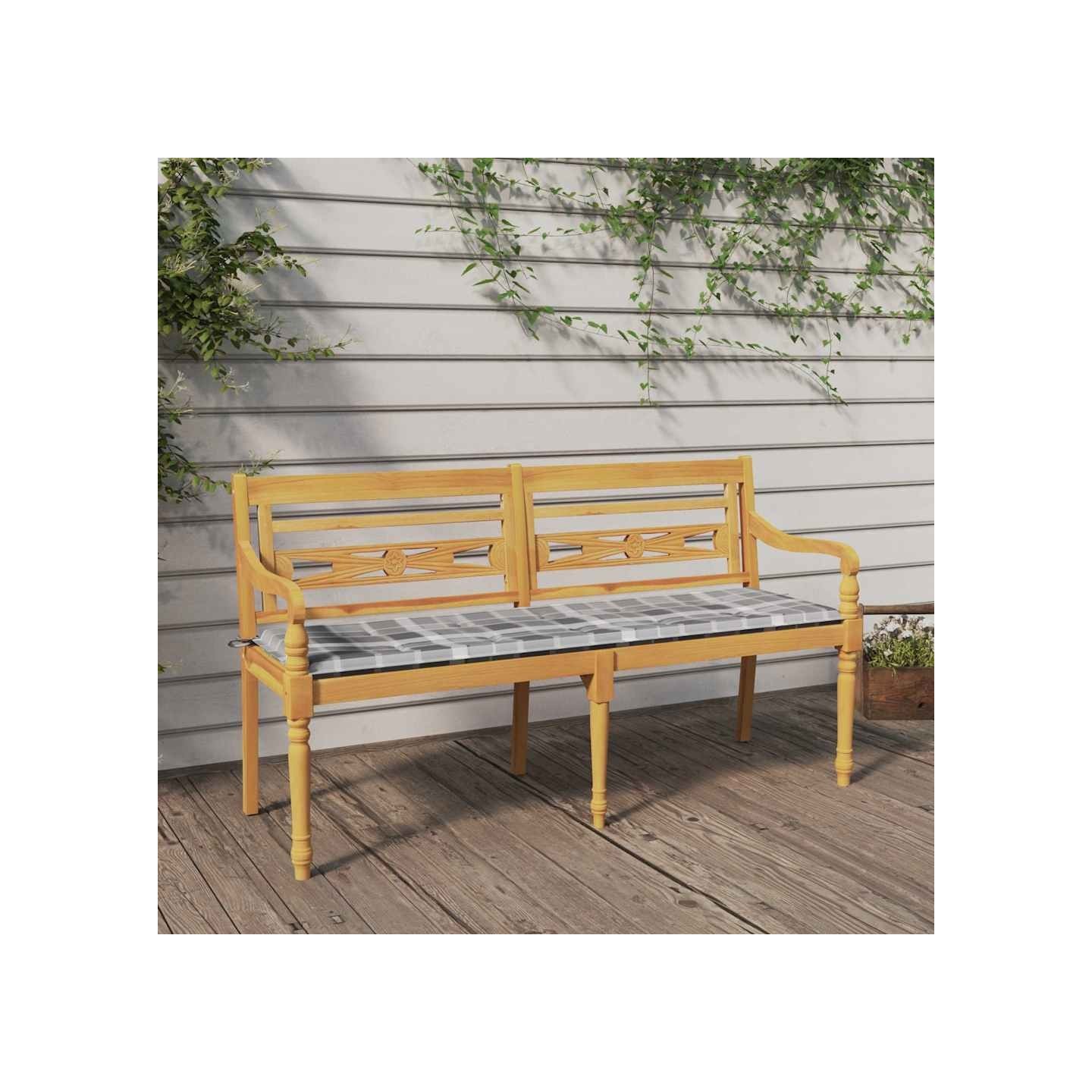 Banc Batavia coussin à motif de carreaux gris 150cm Bois teck