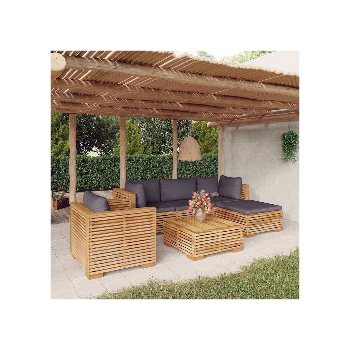 Salon de jardin 6 pcs avec coussins Bois de teck solide