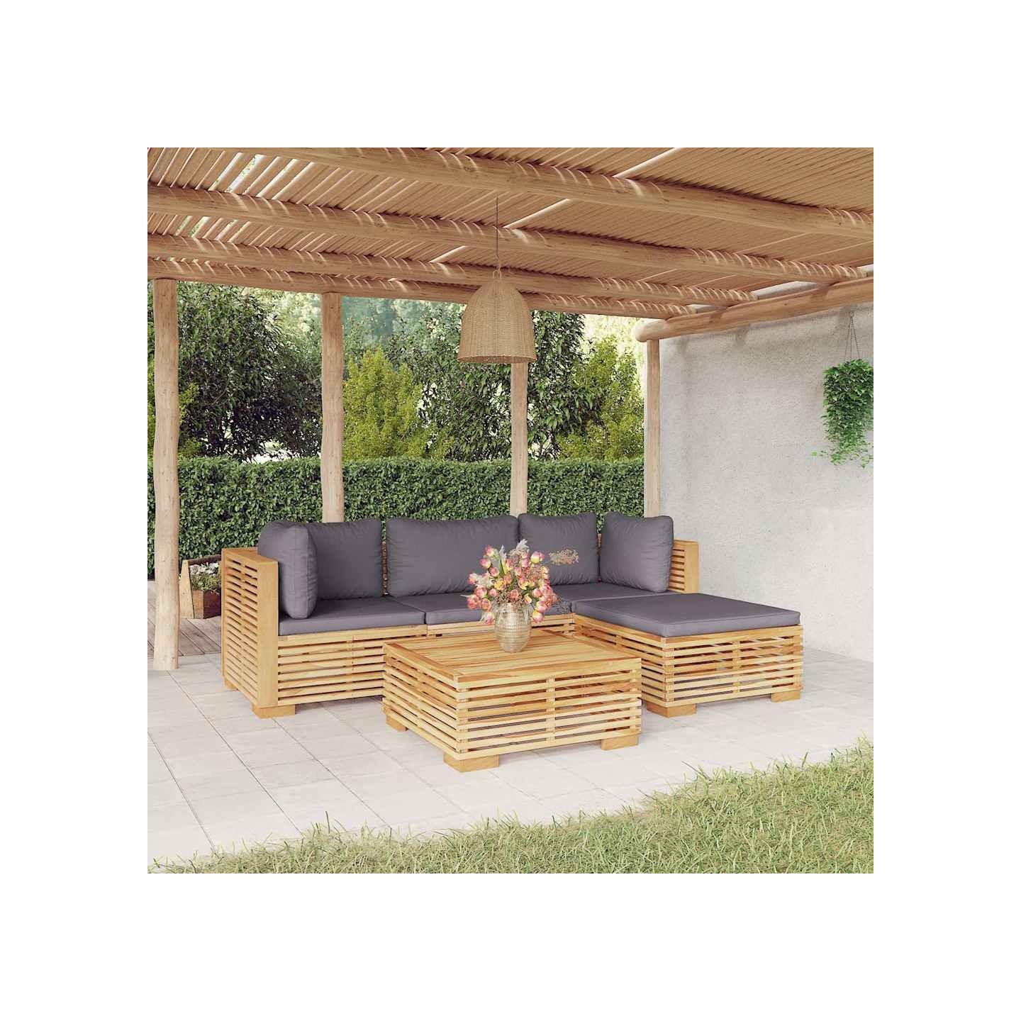 Salon de jardin 5 pcs avec coussins Bois de teck solide