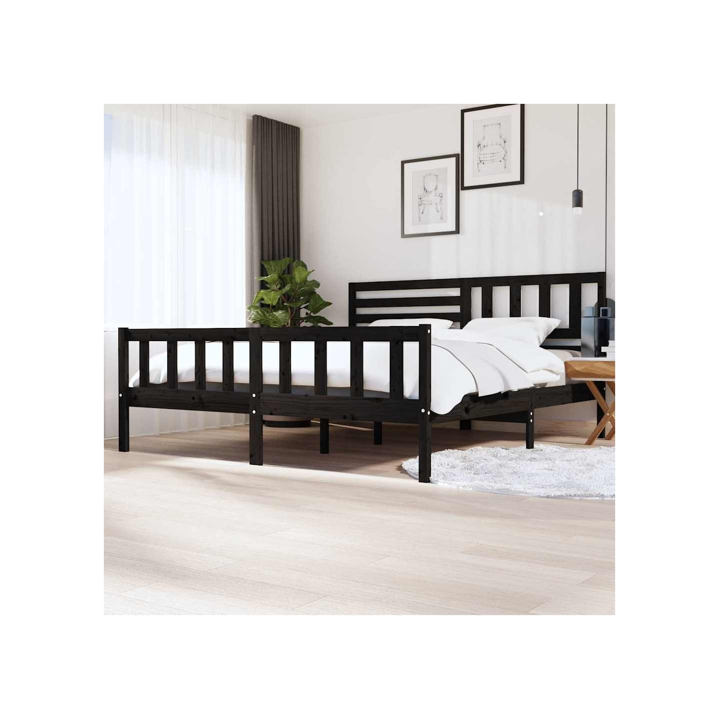 Cadre de lit sans matelas noir bois massif 200x200 cm