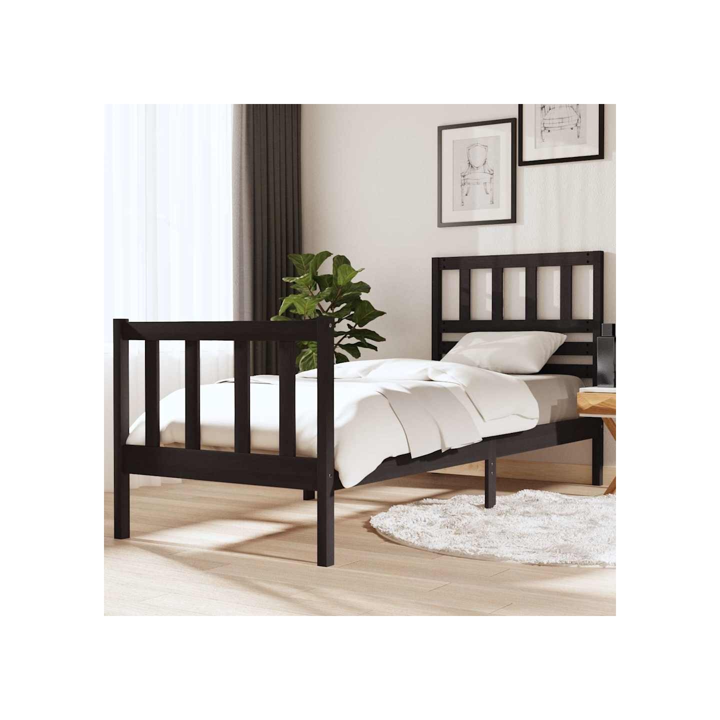Cadre de lit sans matelas noir bois massif