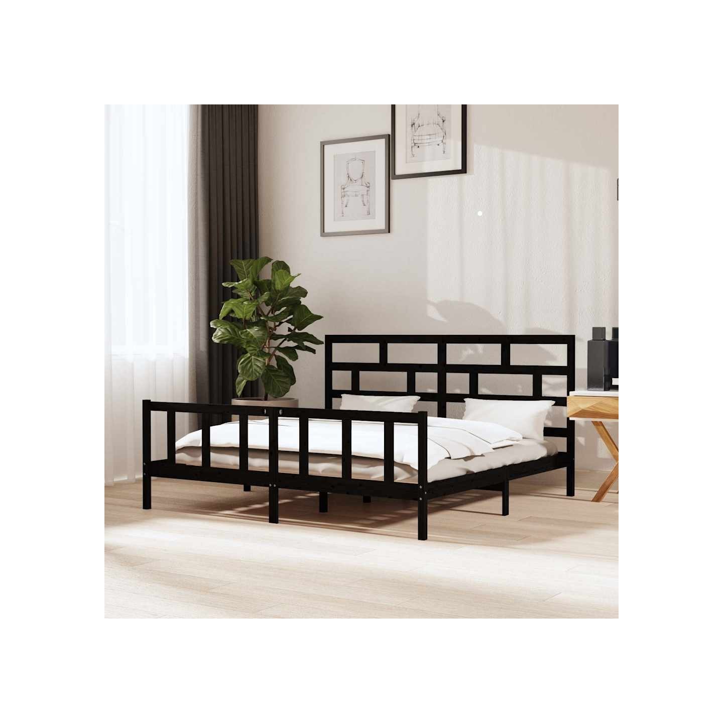 Cadre de lit sans matelas noir bois massif 200x200 cm