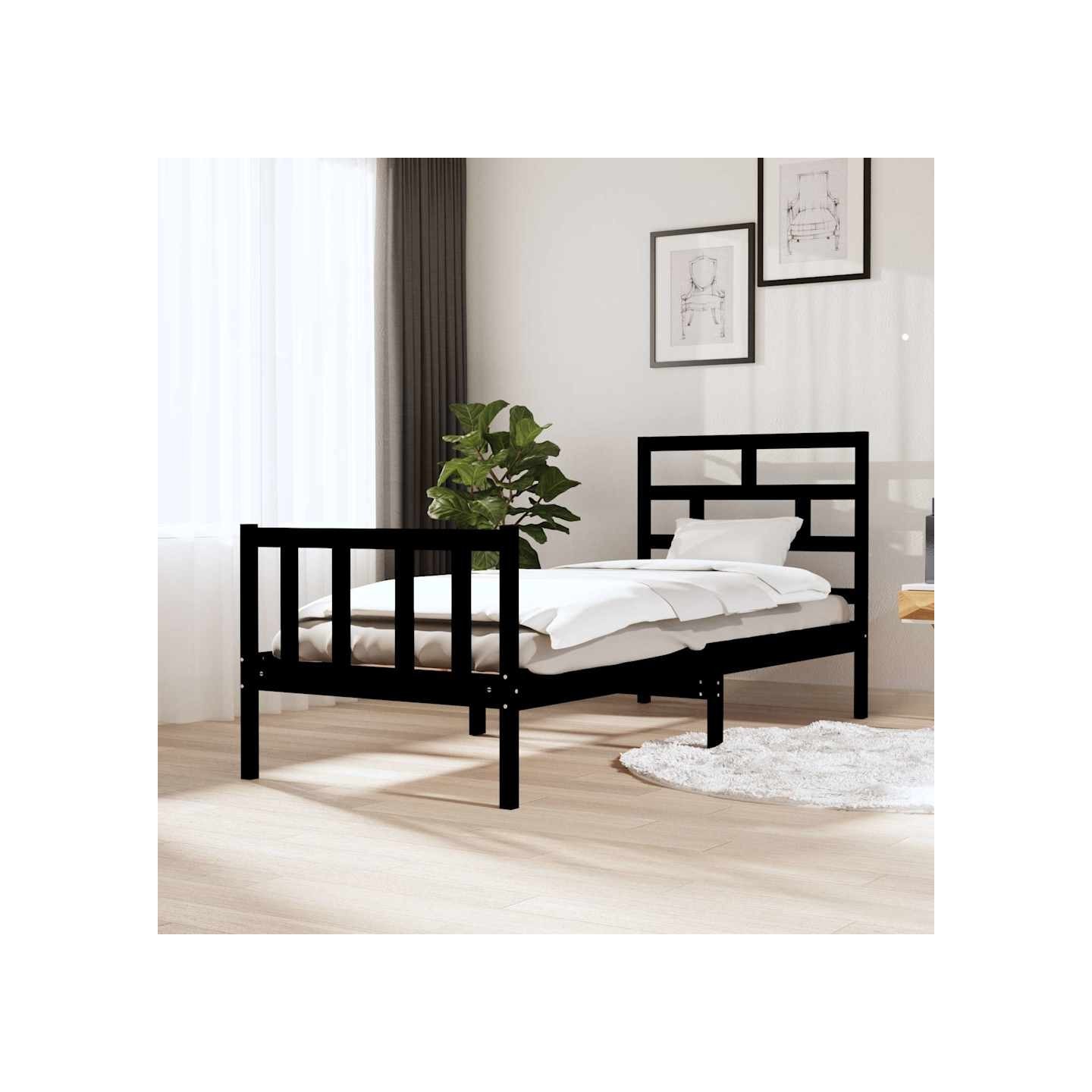 Cadre de lit sans matelas noir bois de pin massif