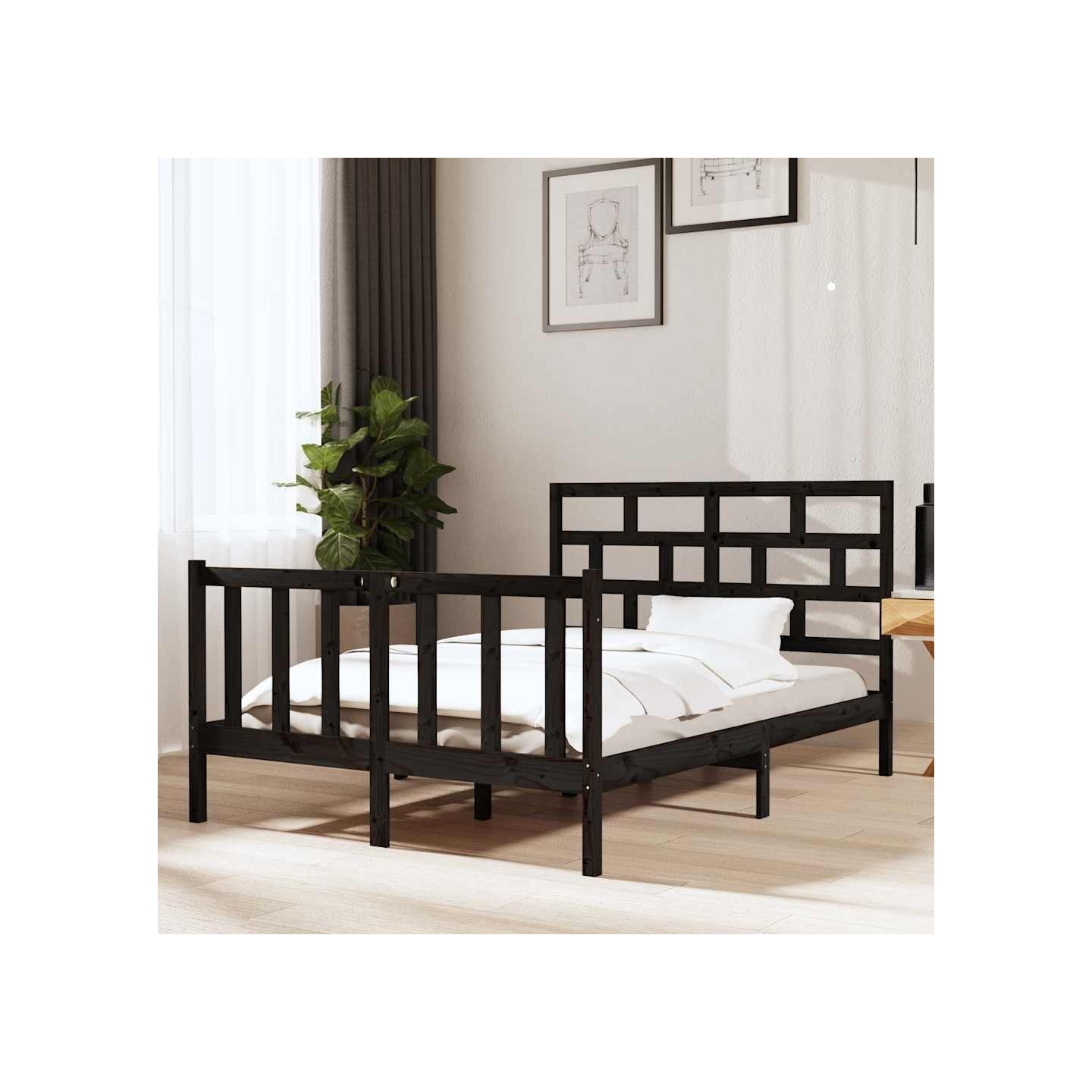 Cadre de lit sans matelas noir bois de pin massif
