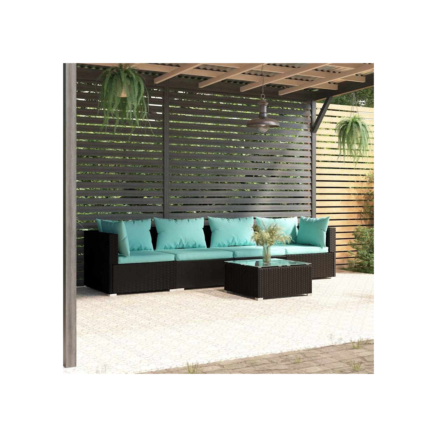 Salon de jardin 5 pcs avec coussins résine tressée noir