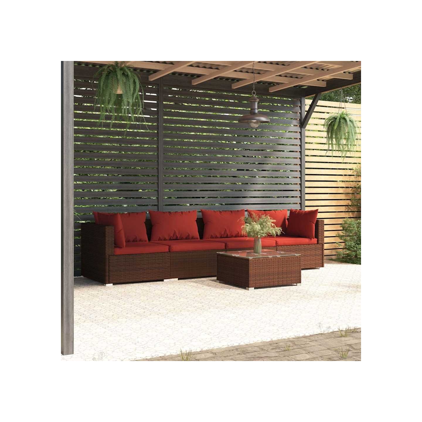 Salon de jardin 5 pcs avec coussins résine tressée marron