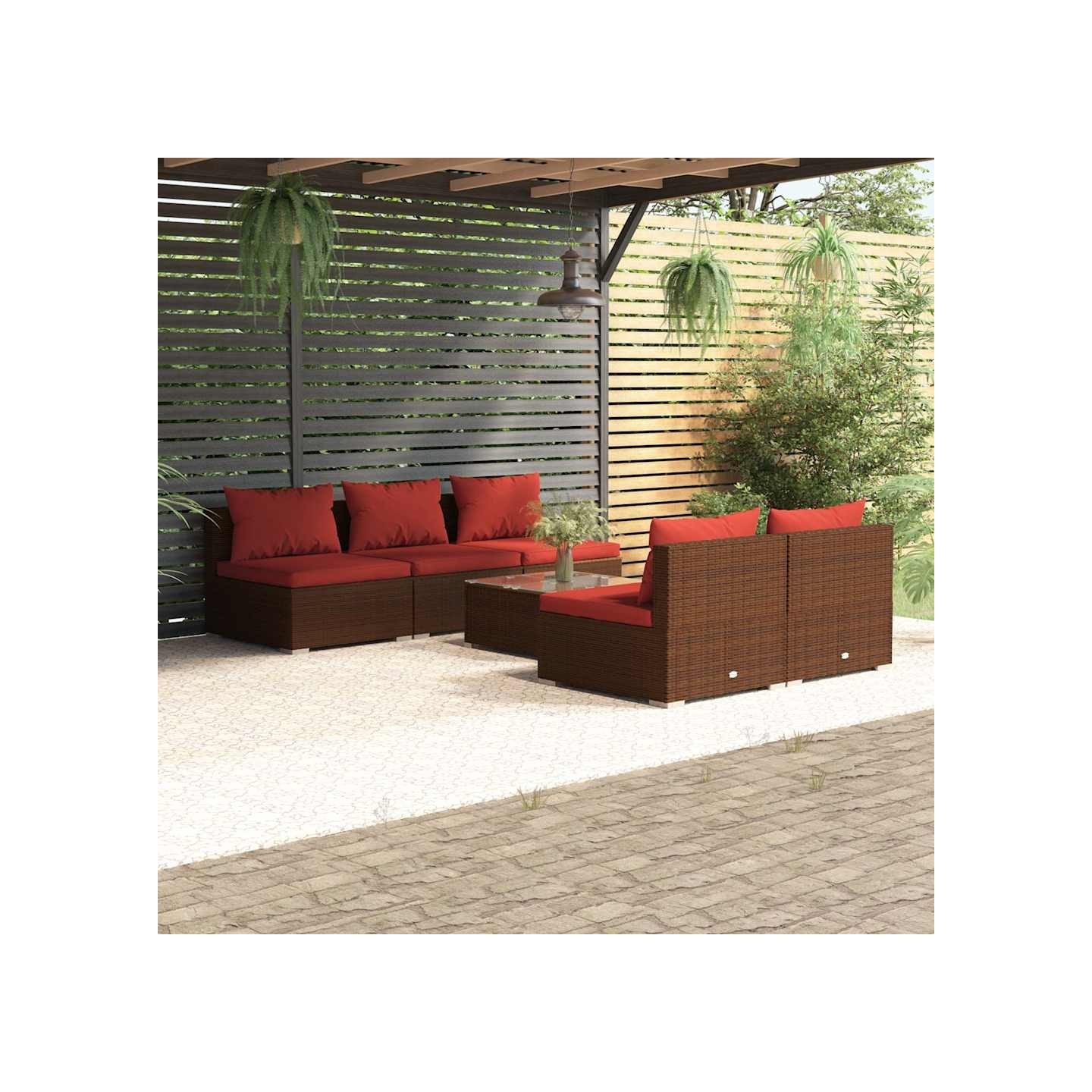 Salon de jardin 6 pcs avec coussins Résine tressée Marron