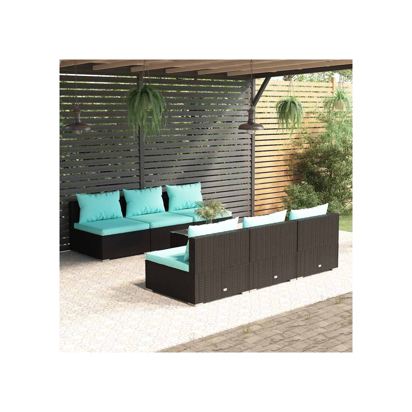 Salon de jardin 7 pcs avec coussins Résine tressée Noir