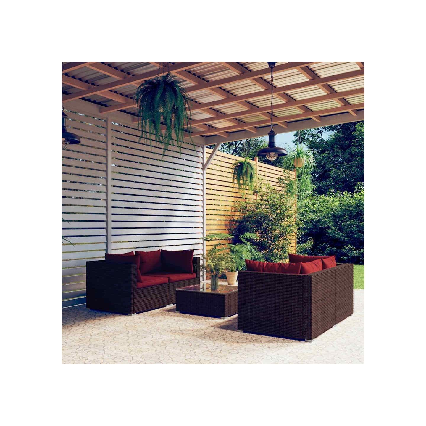 Salon de jardin 5 pcs avec coussins Résine tressée Marron