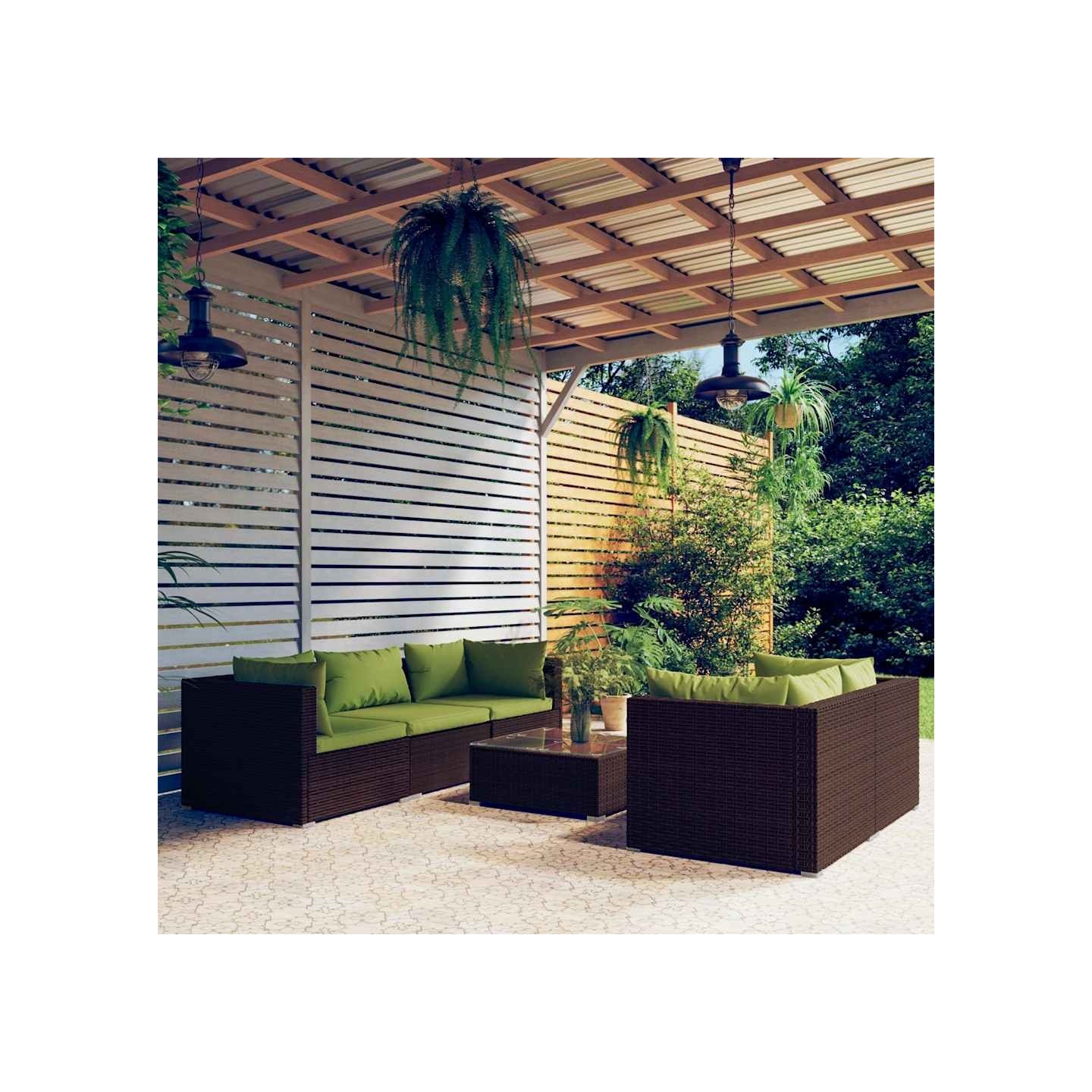 Salon de jardin 6 pcs avec coussins Résine tressée Marron
