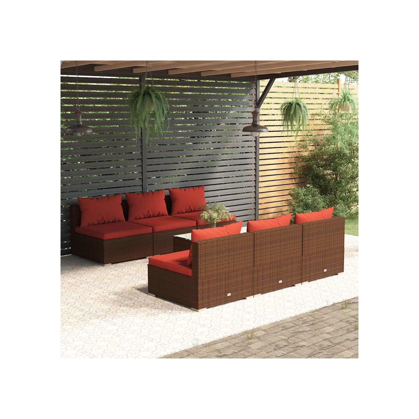Salon de jardin 7 pcs avec coussins Résine tressée Marron