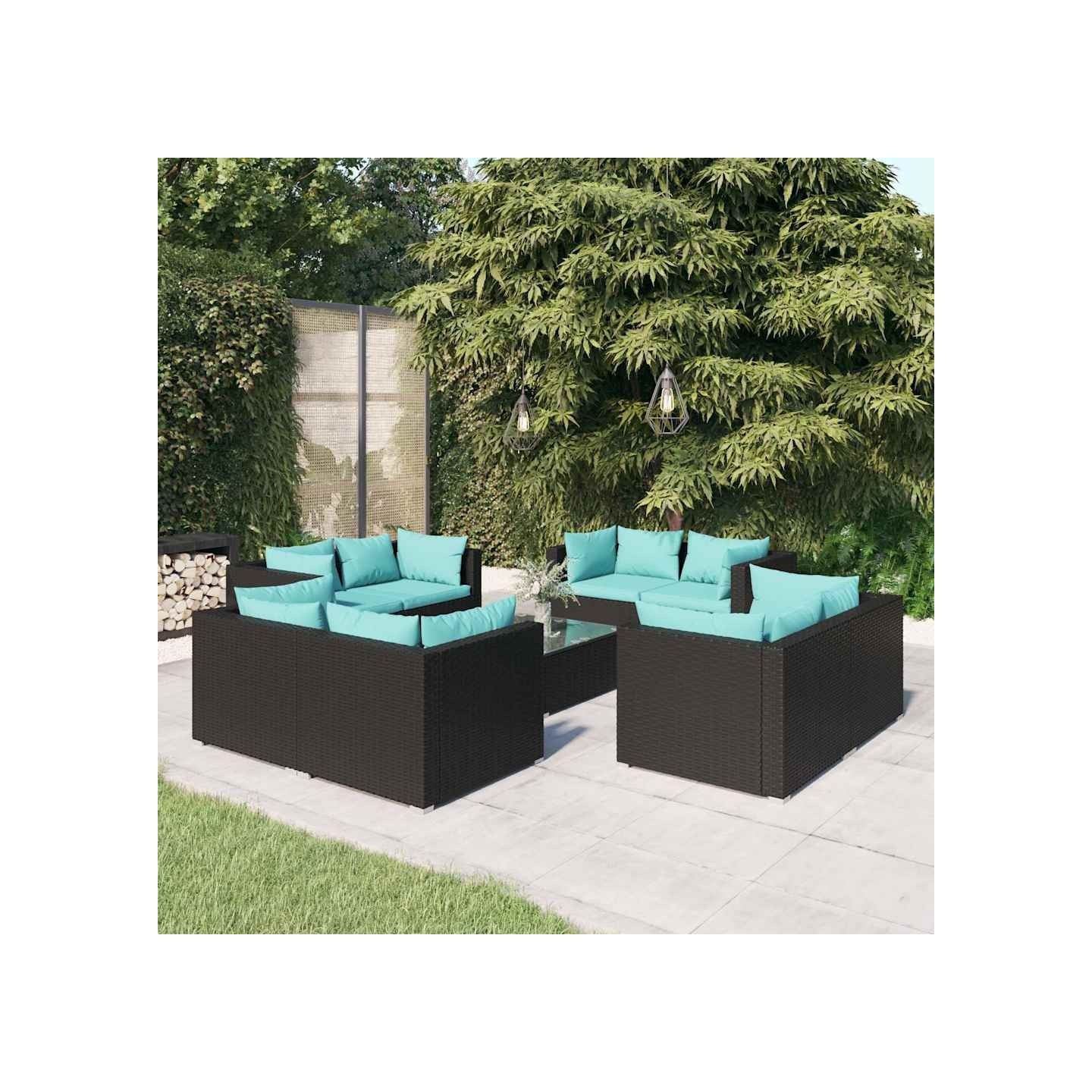 Salon de jardin 9 pcs avec coussins Résine tressée Noir