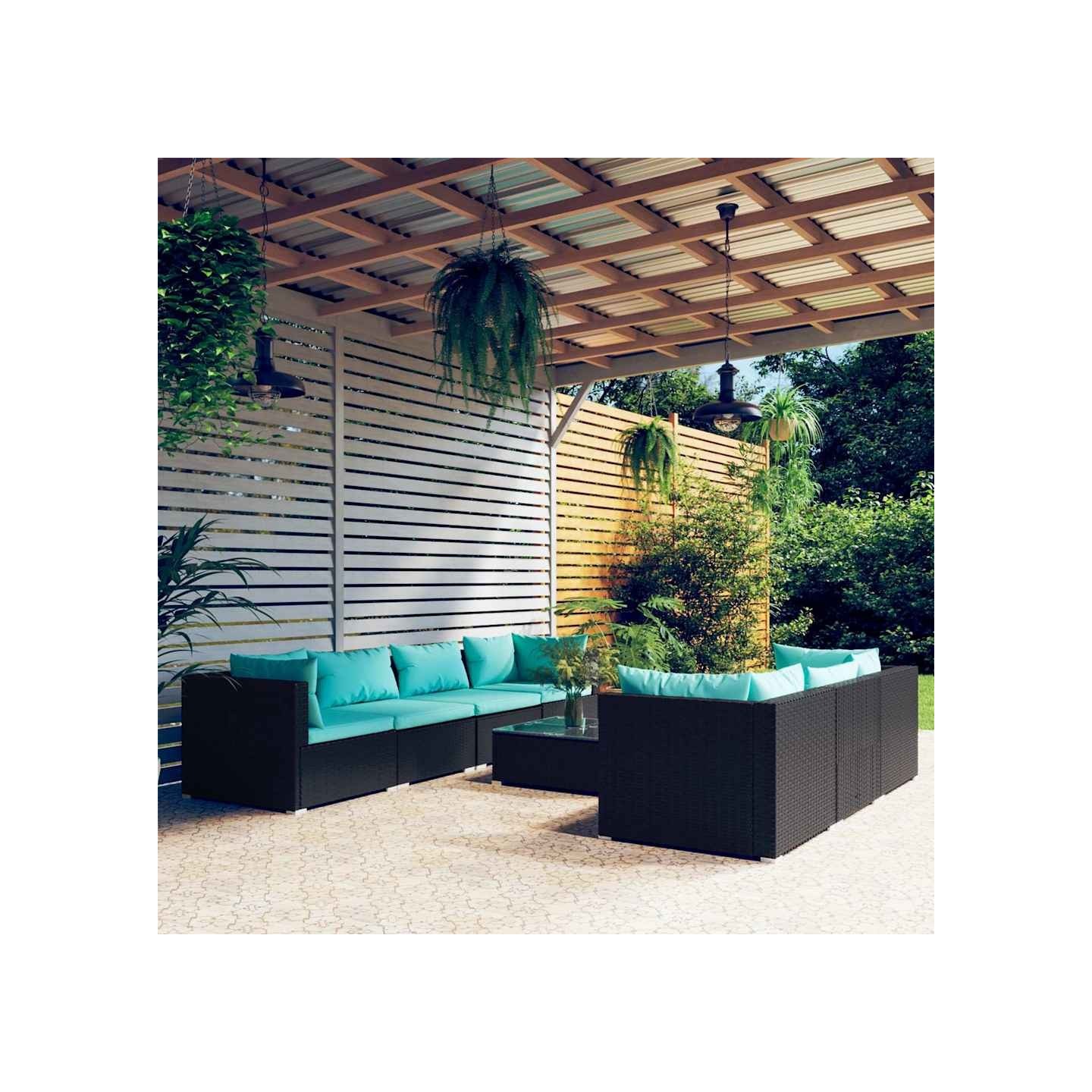 Salon de jardin 8 pcs avec coussins résine tressée noir