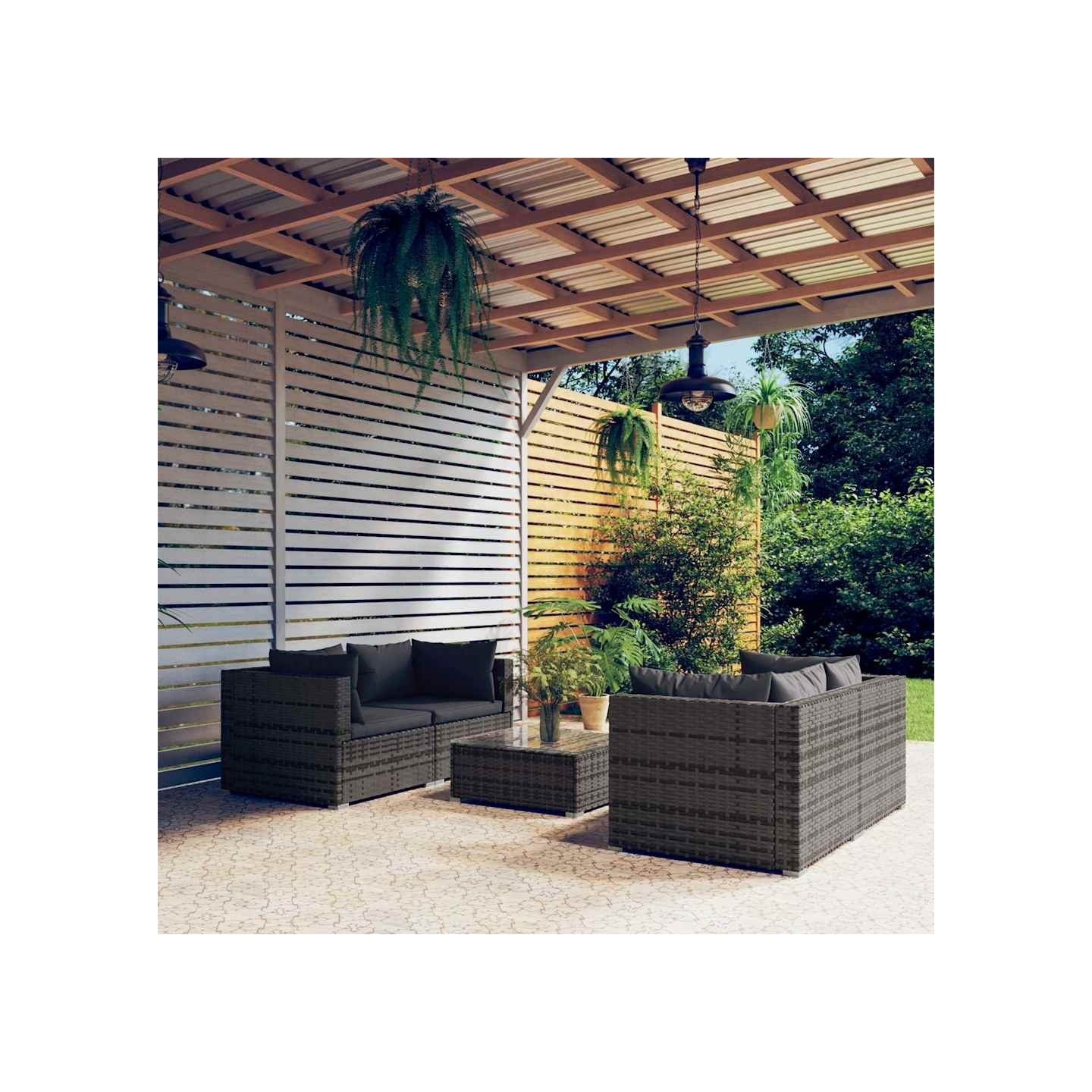Salon de jardin 5 pcs avec coussins Résine tressée Gris
