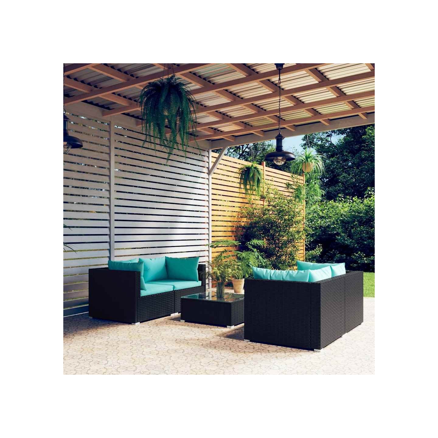 Salon de jardin 5 pcs avec coussins Résine tressée Noir
