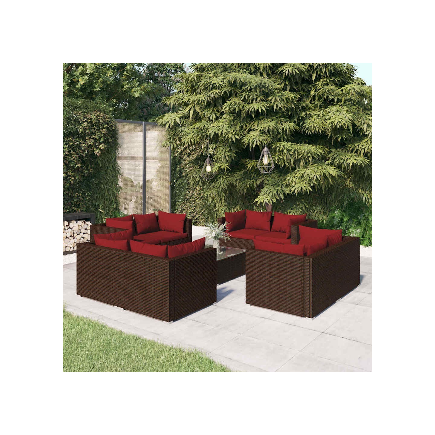 Salon de jardin 9 pcs avec coussins résine tressée marron