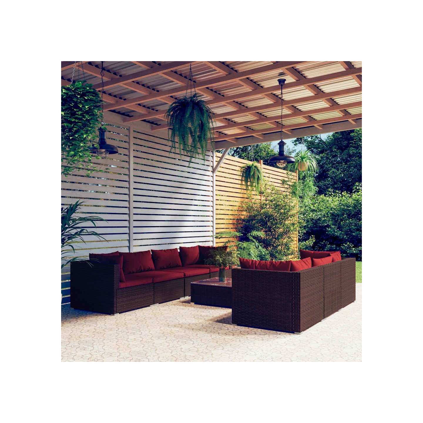 Salon de jardin 8 pcs avec coussins résine tressée marron