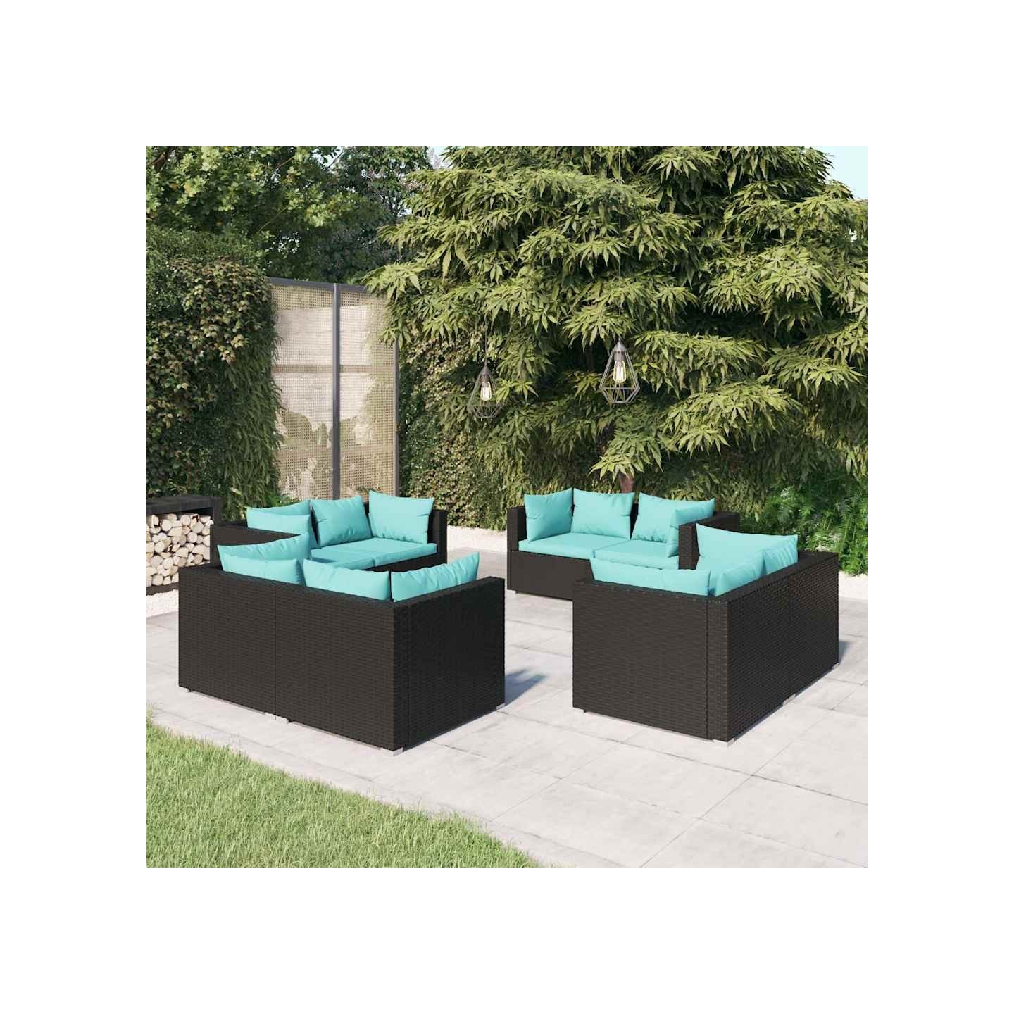 Salon de jardin 8 pcs avec coussins Résine tressée Noir