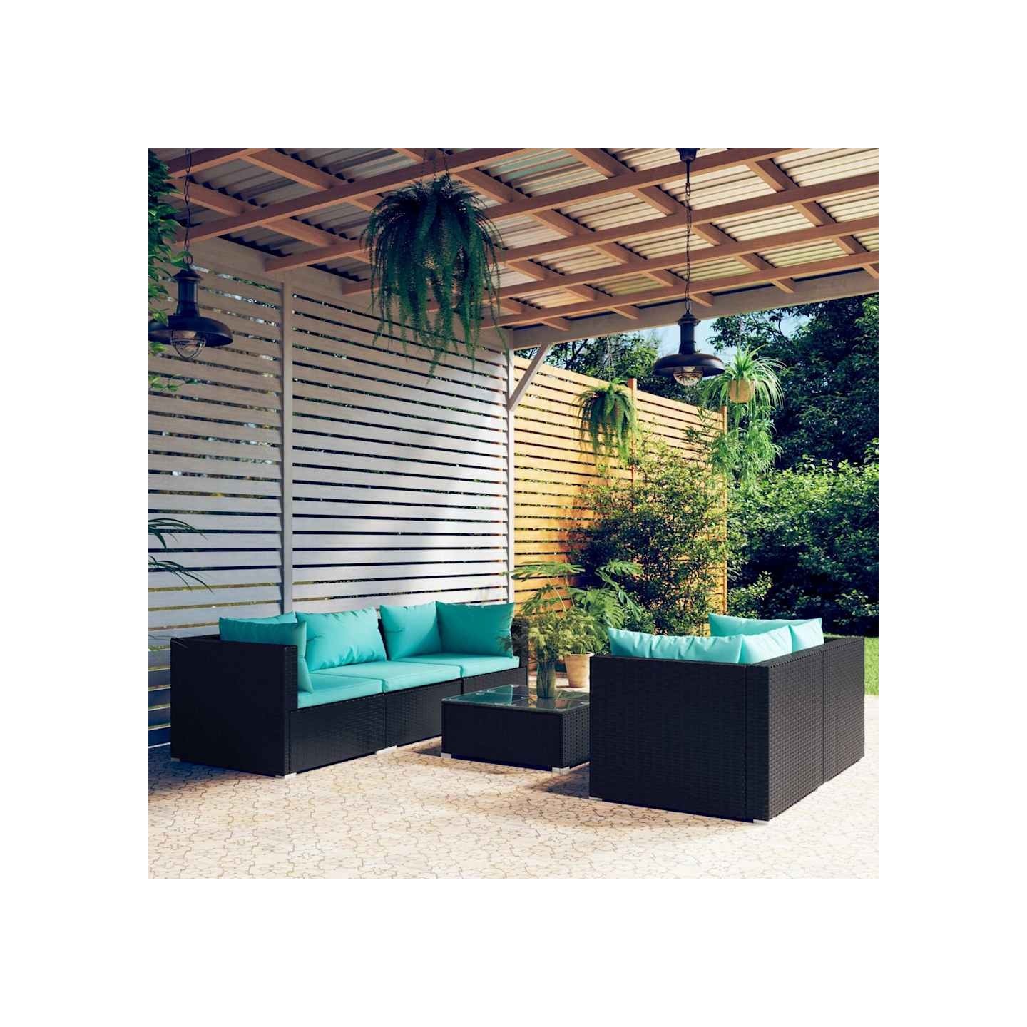 Salon de jardin 6 pcs avec coussins résine tressée noir