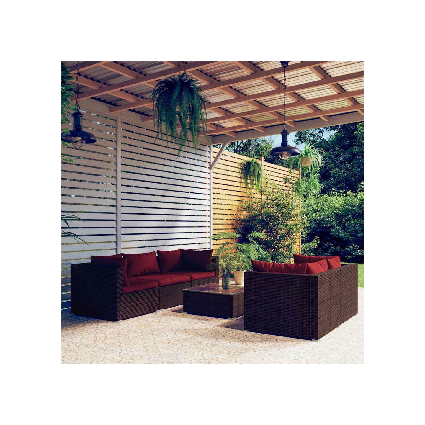 Salon de jardin 6 pcs avec coussins Résine tressée Marron