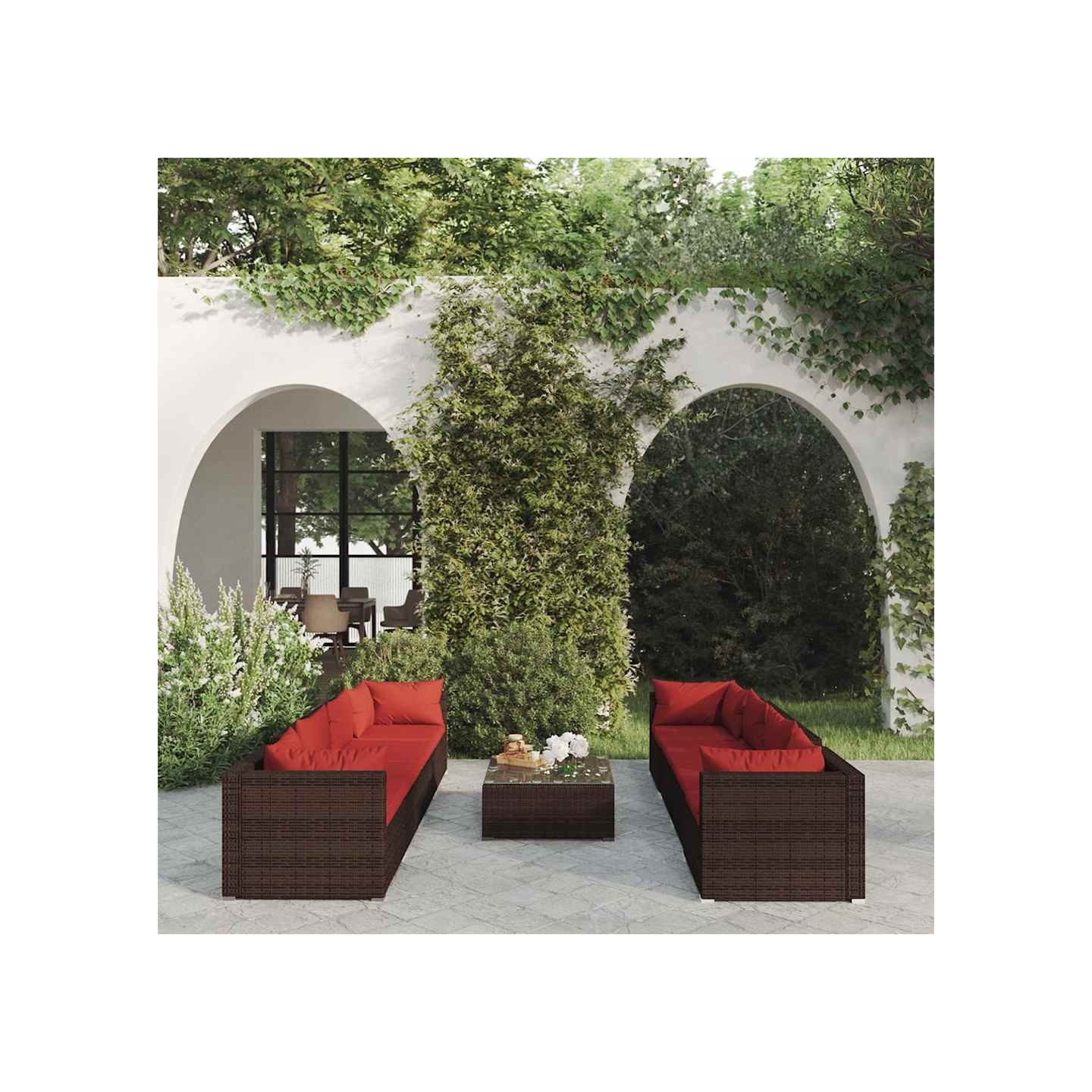Salon de jardin 9 pcs avec coussins résine tressée marron
