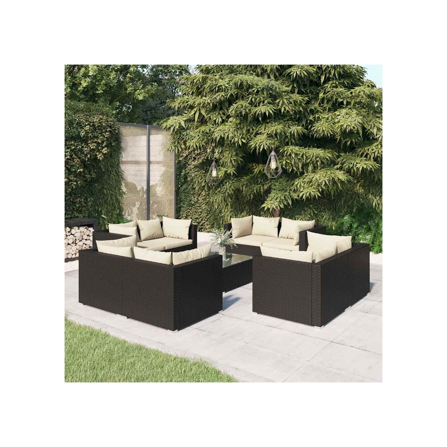 Salon de jardin 9 pcs avec coussins Résine tressée Noir