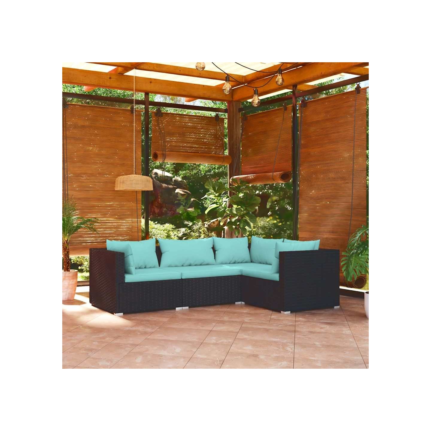 Salon de jardin 4 pcs avec coussins Résine tressée Noir