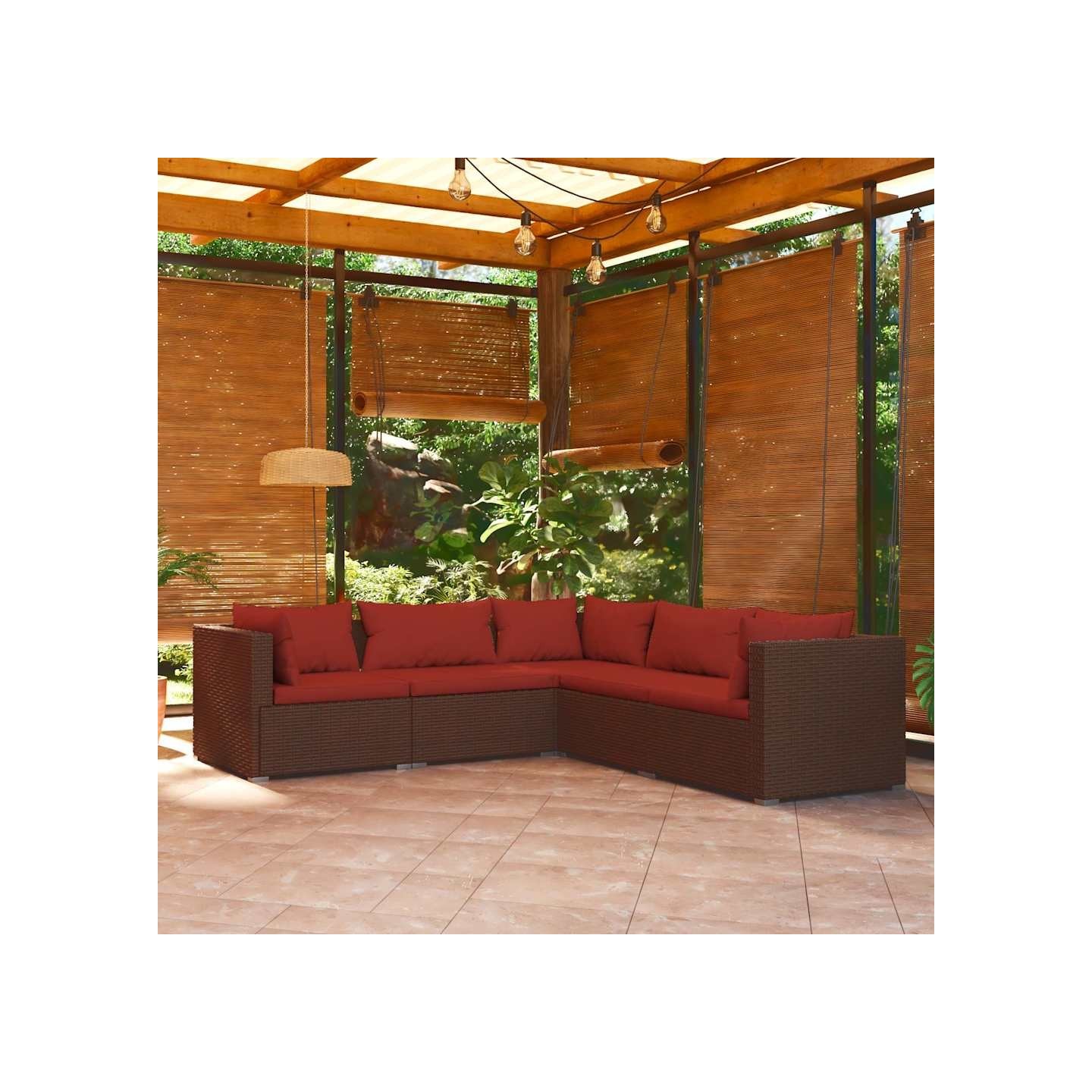Salon de jardin 5 pcs avec coussins résine tressée marron