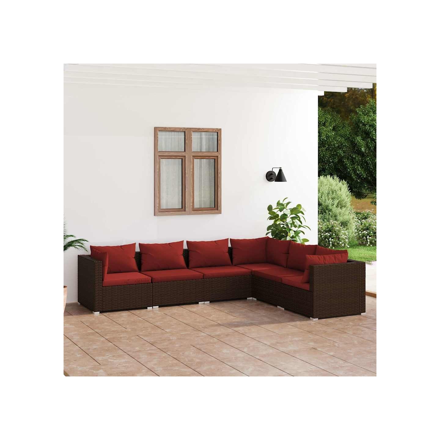 Salon de jardin 6 pcs avec coussins Résine tressée Marron