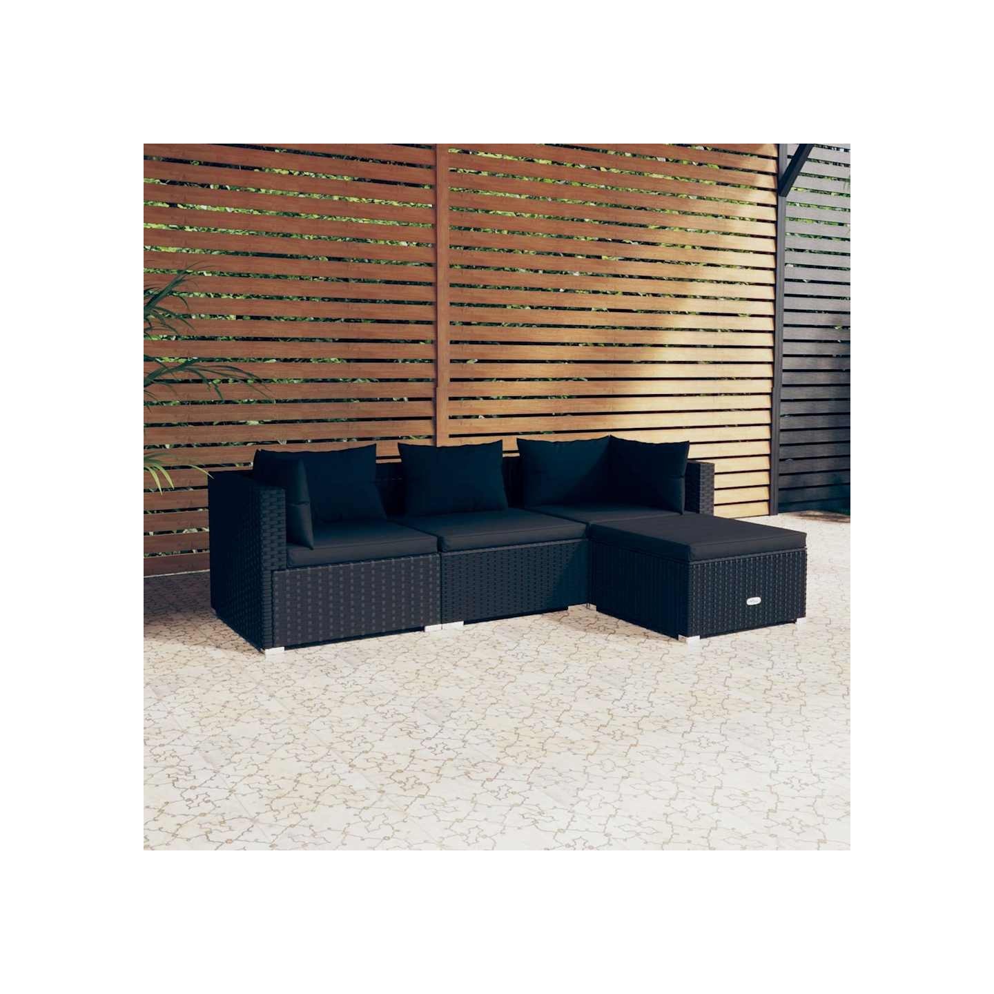 Salon de jardin 4 pcs avec coussins Résine tressée Noir