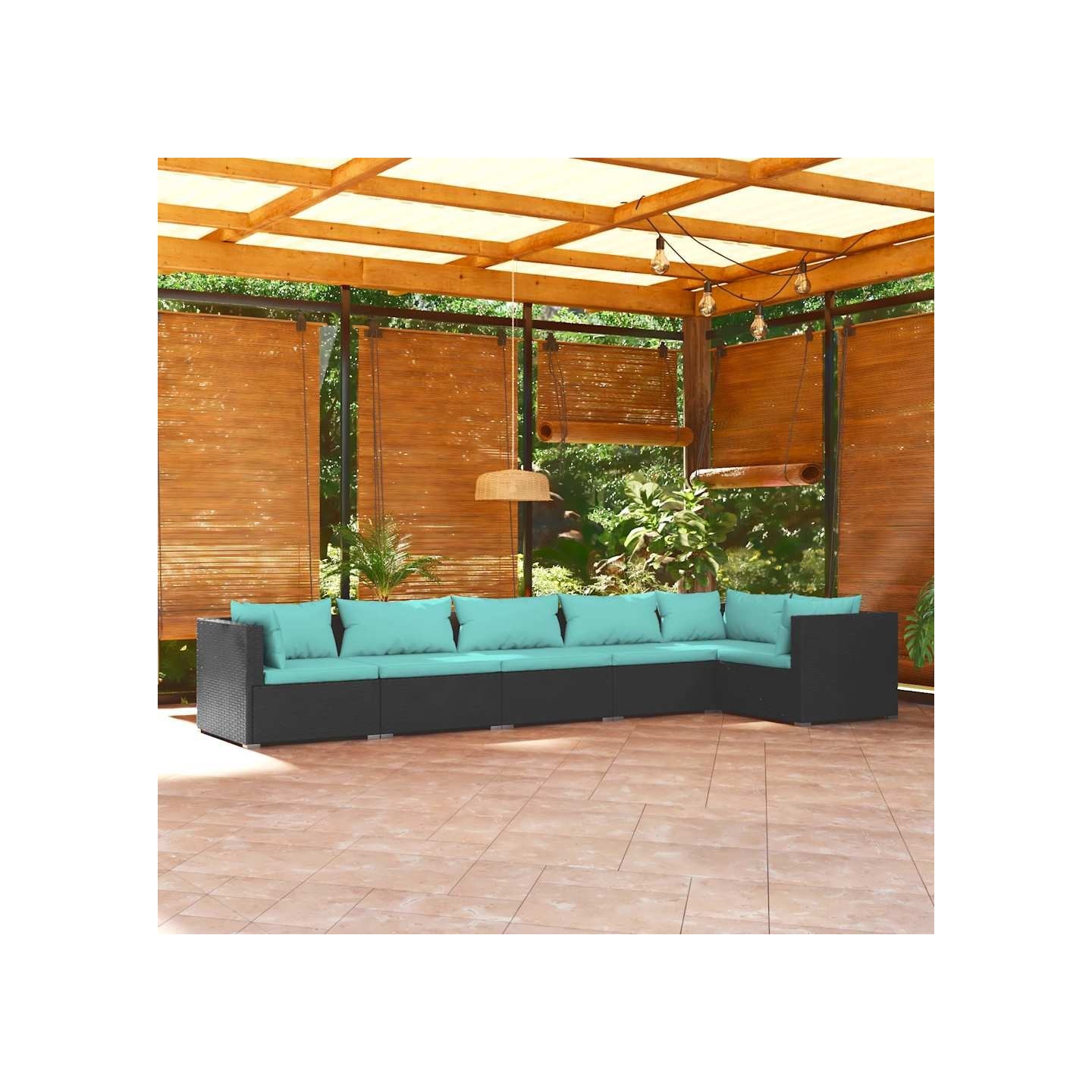 Salon de jardin 6 pcs avec coussins Résine tressée Noir