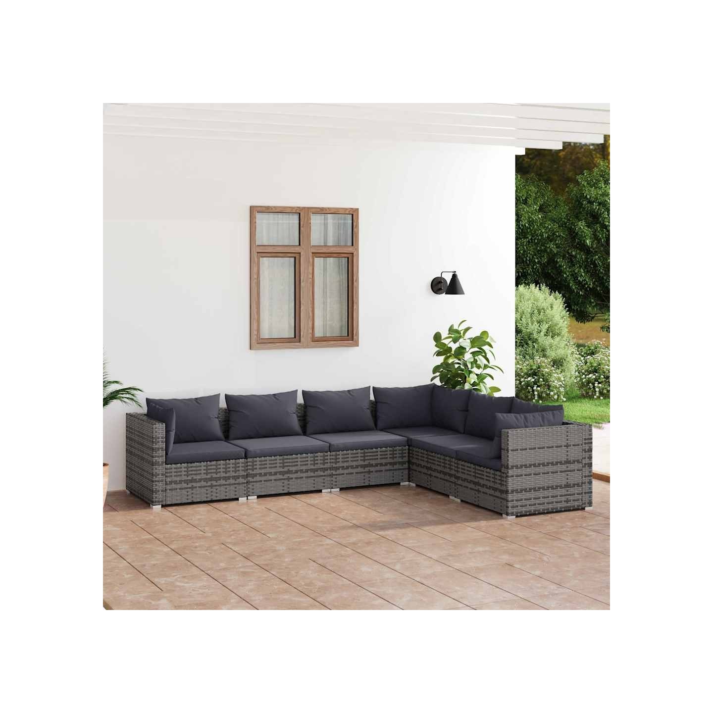 Salon de jardin 6 pcs avec coussins Résine tressée Gris