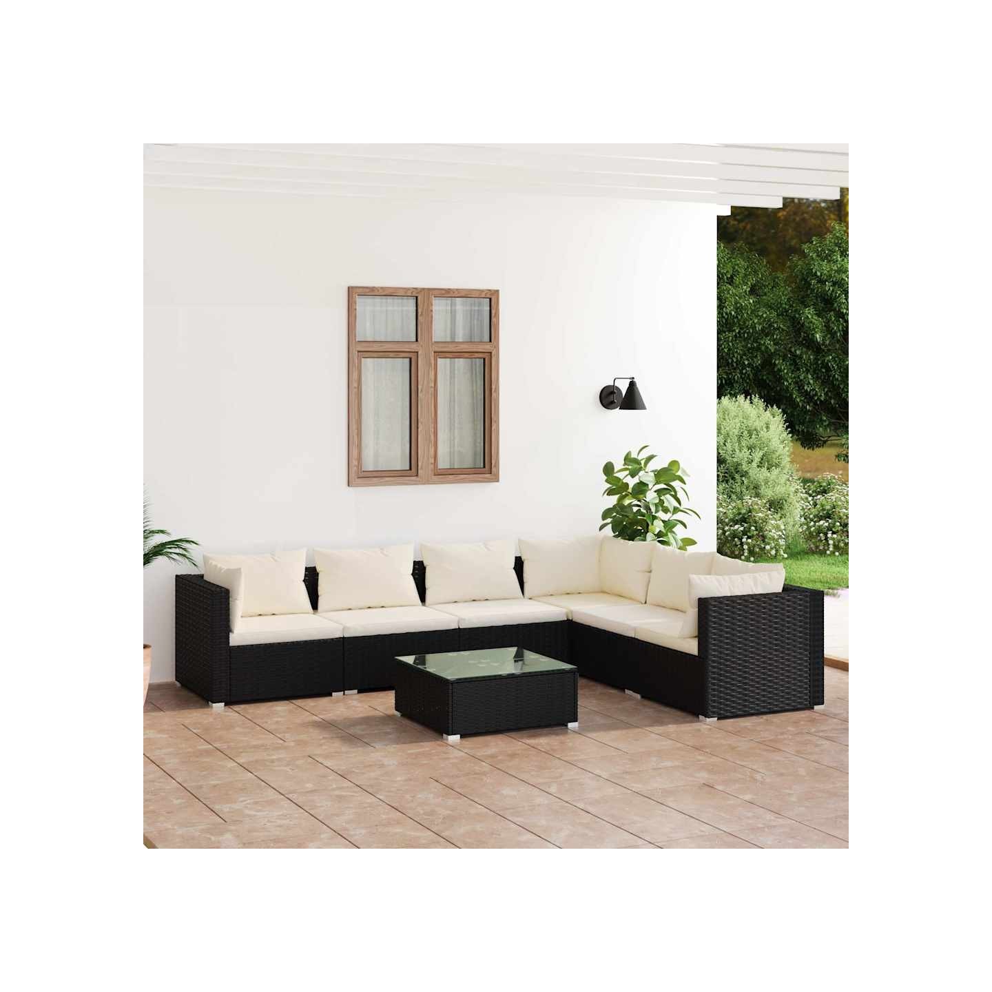 Salon de jardin 7 pcs avec coussins Résine tressée Noir