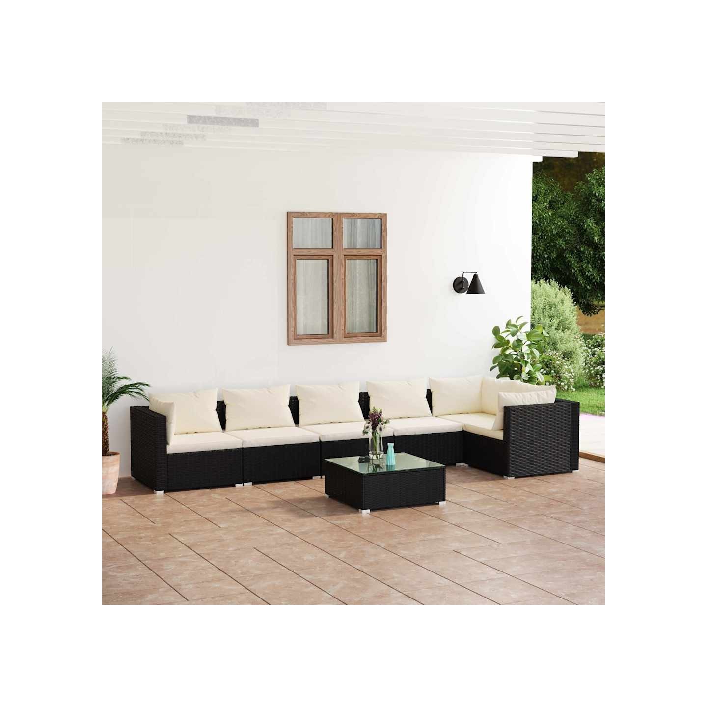 Salon de jardin 7 pcs avec coussins Résine tressée Noir