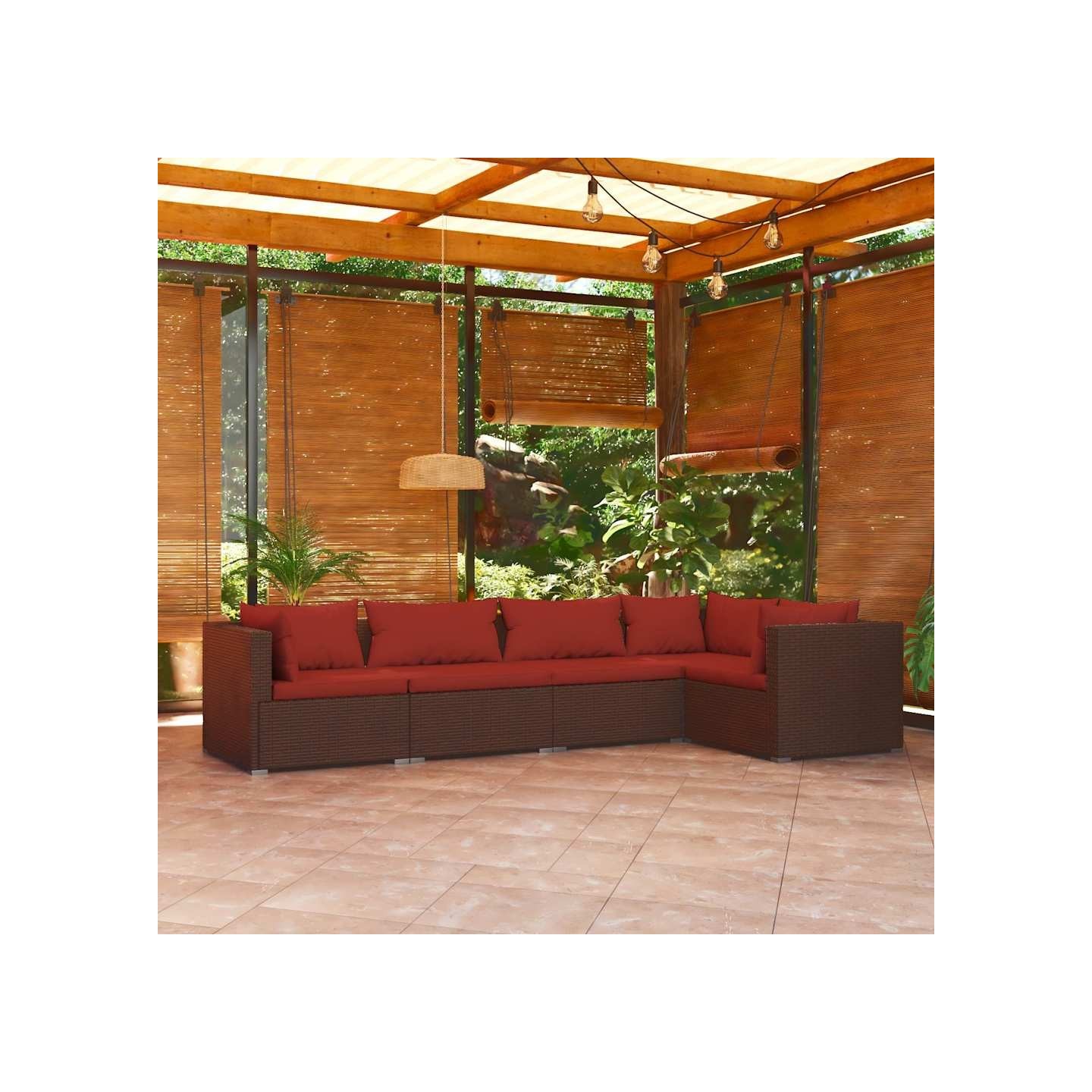 Salon de jardin 5 pcs avec coussins résine tressée marron