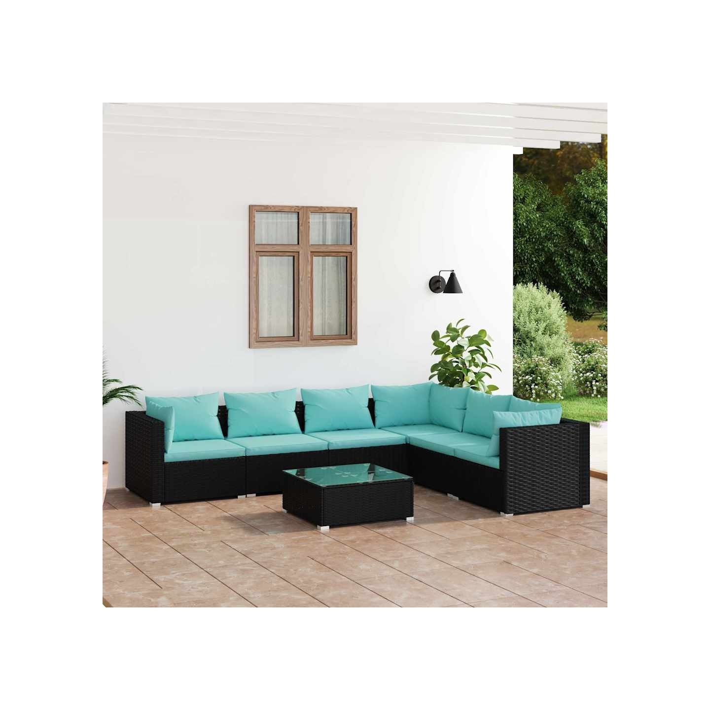 Salon de jardin 7 pcs avec coussins Résine tressée Noir