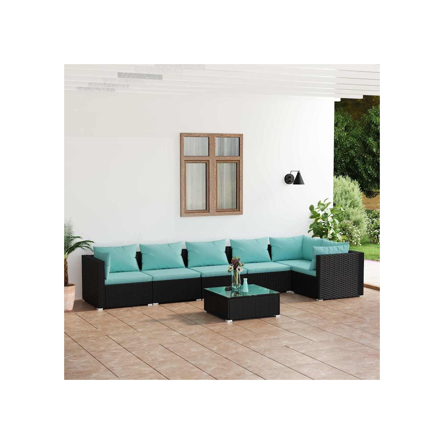 Salon de jardin 7 pcs avec coussins Résine tressée Noir
