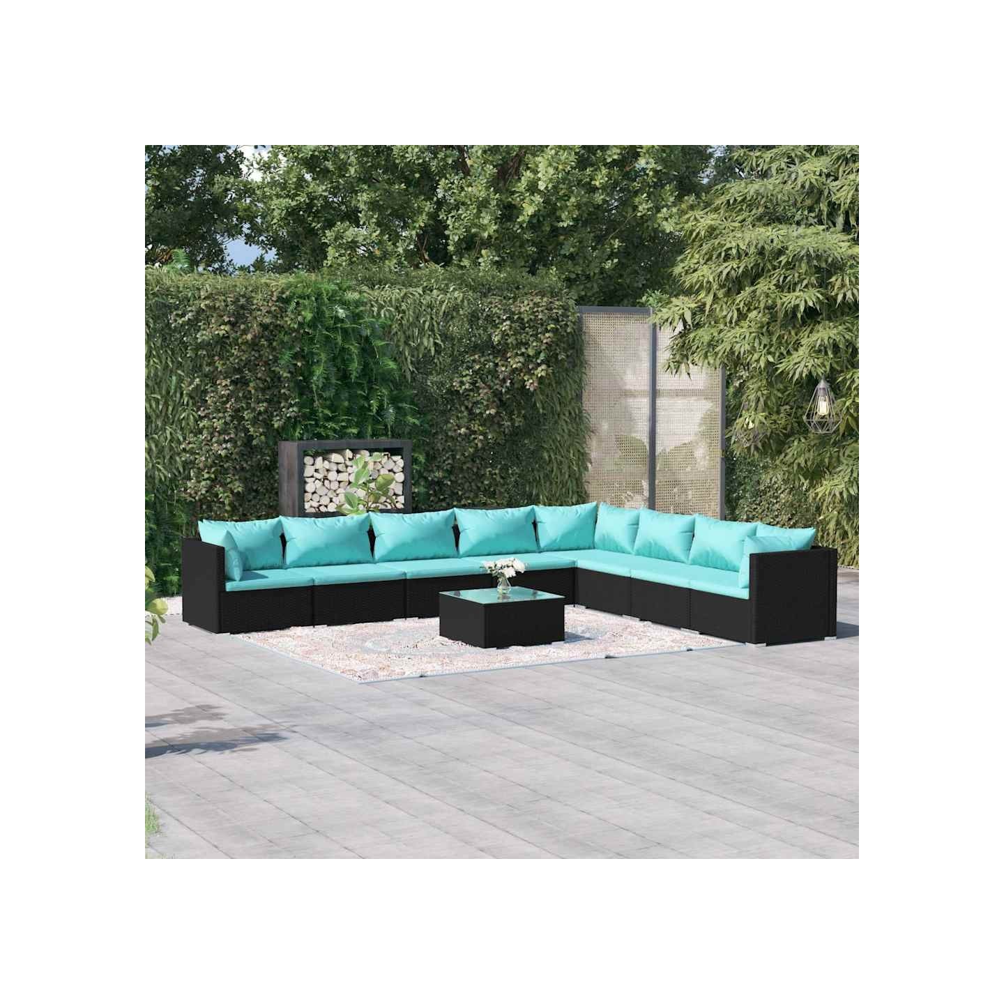 Salon de jardin 9 pcs avec coussins Résine tressée Noir