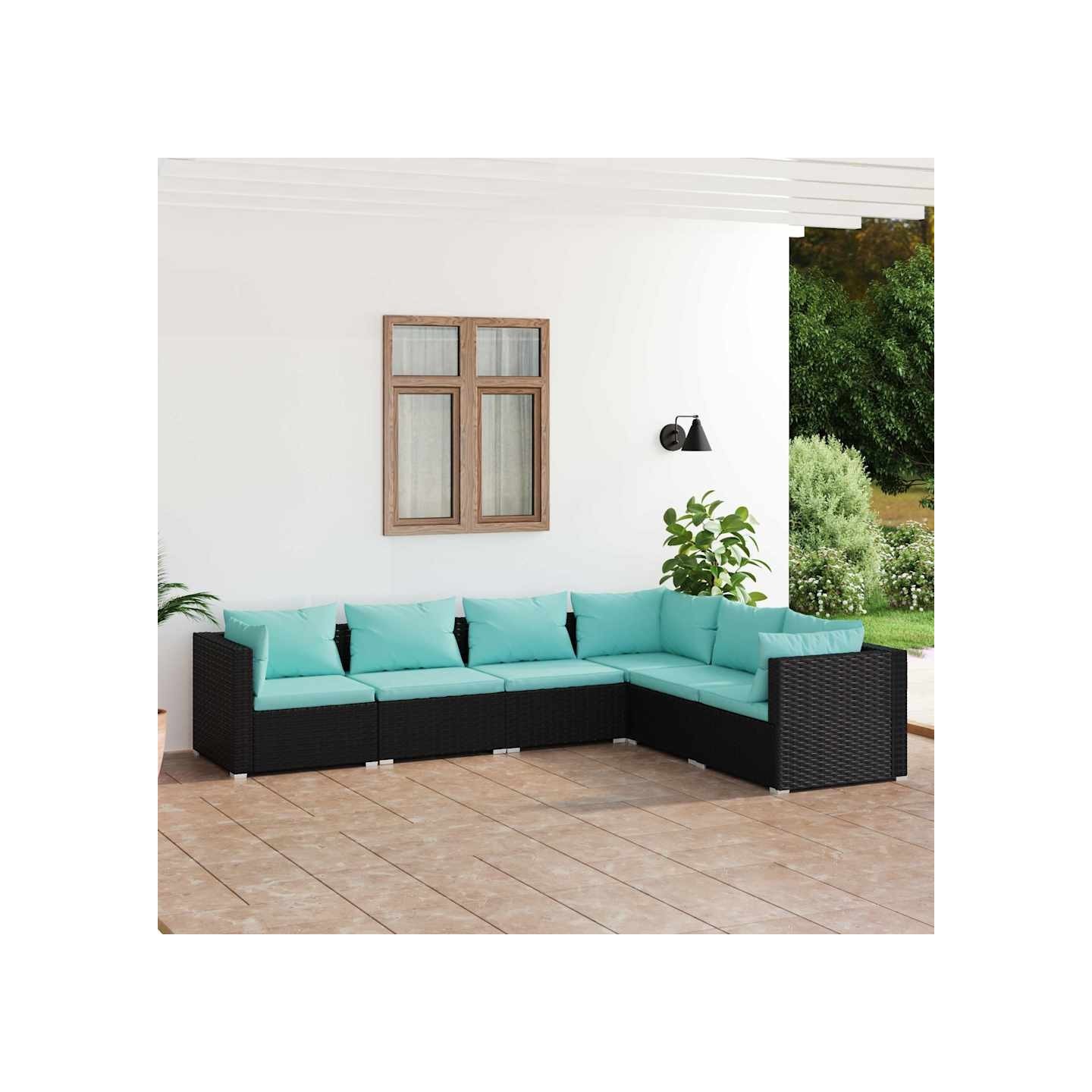 Salon de jardin 6 pcs avec coussins Résine tressée Noir