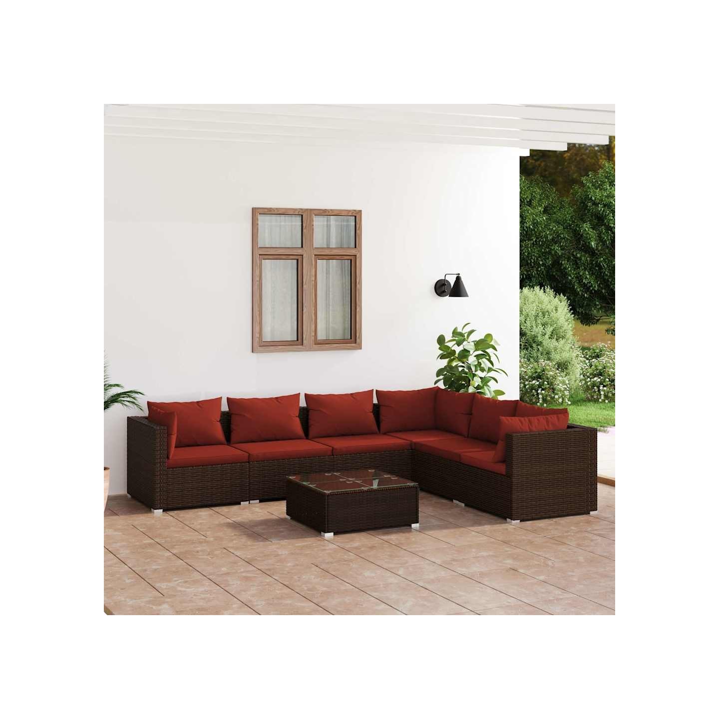 Salon de jardin 7 pcs avec coussins Résine tressée Marron