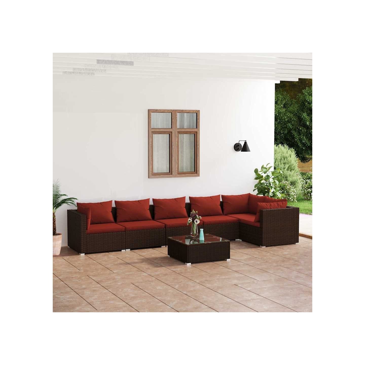 Salon de jardin 7 pcs avec coussins Résine tressée Marron