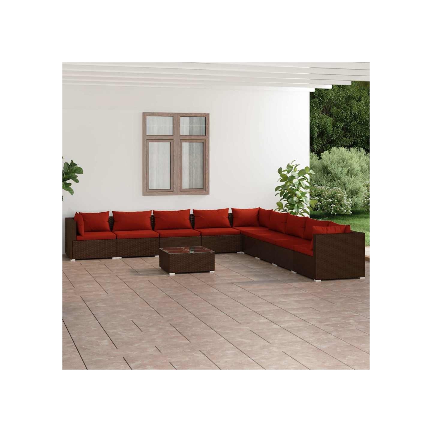 Salon de jardin 10 pcs avec coussins Résine tressée Marron