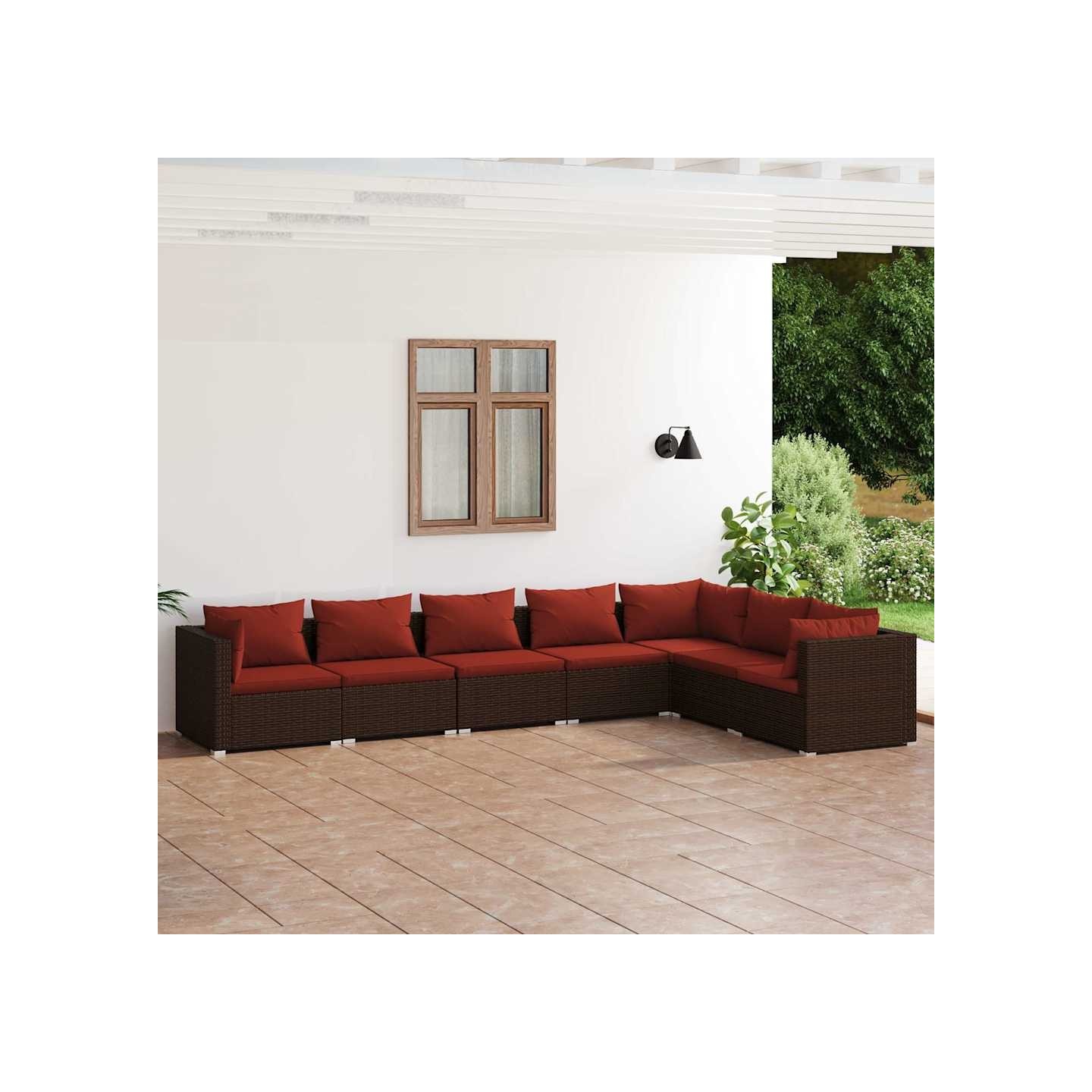 Salon de jardin 7 pcs avec coussins Résine tressée Marron