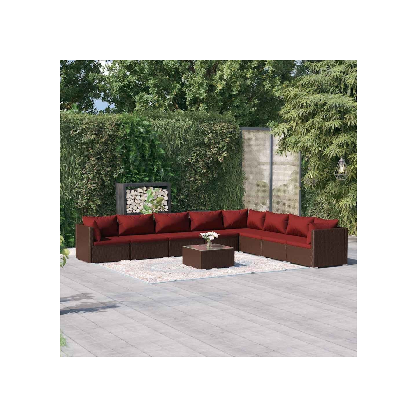 Salon de jardin 9 pcs avec coussins résine tressée marron