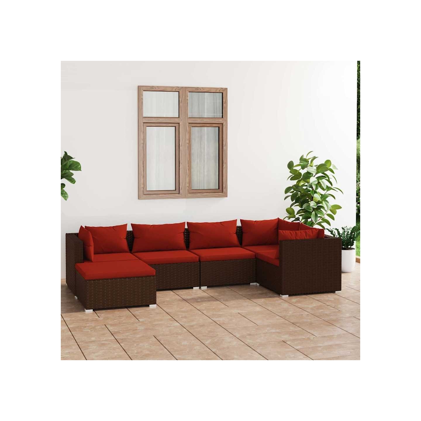 Salon de jardin 6 pcs avec coussins Résine tressée Marron