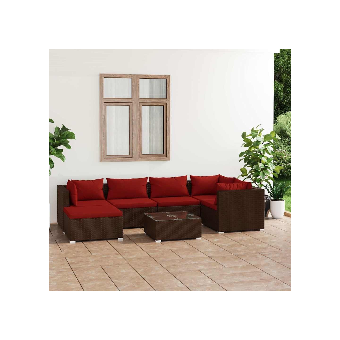 Salon de jardin 7 pcs avec coussins Résine tressée Marron